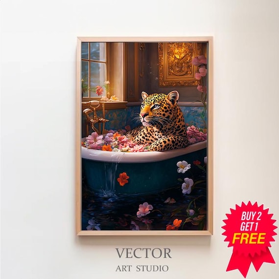 Leopard Lounging in a Flower-Filled Teal Bathtub Maximalist Animal Poster