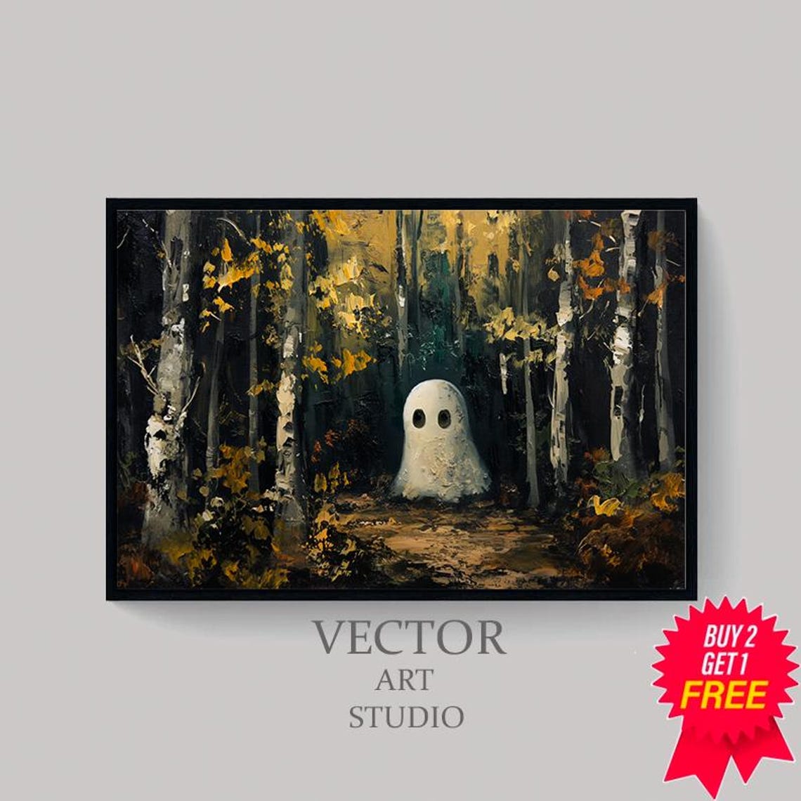 Small Ghost In Golden Autumn Birch Forest Thick Impasto Style Poster - Image 4