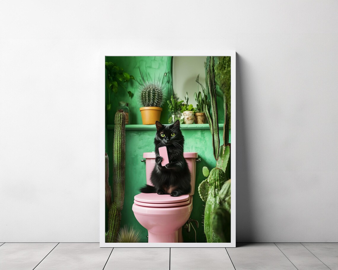 Funny Black Cat on Pink Toilet With Phone and Lush Green Plants Poster - Image 3