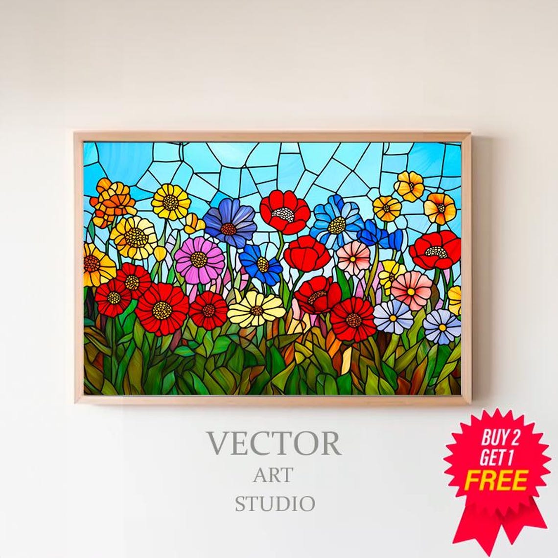 Stained Glass Wildflower Meadow Under Blue Sky Floral Poster