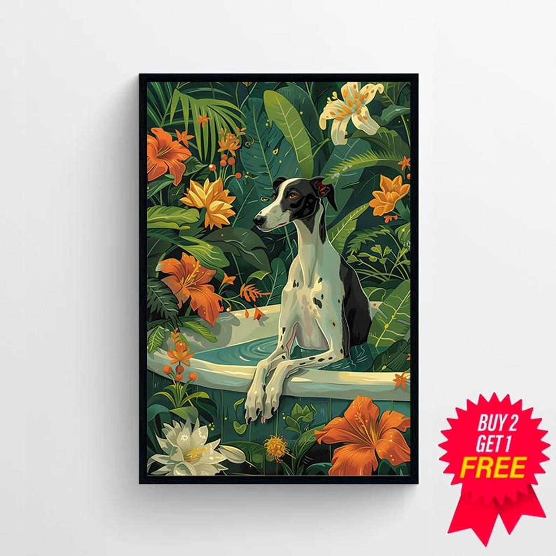 Elegant Greyhound Sitting in Bathtub Jungle Botanical Poster - Image 4