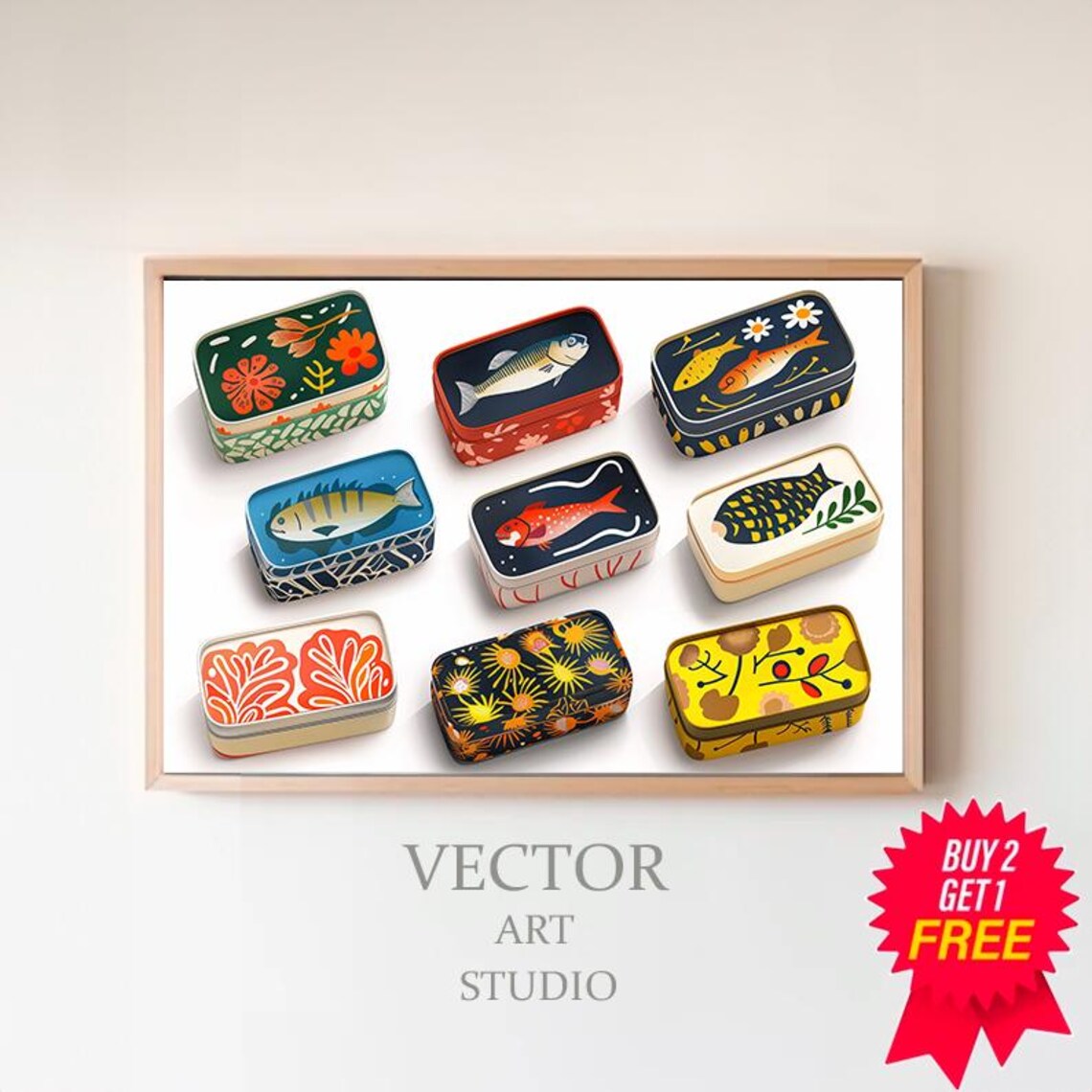 Decorated Sardine Tins with Painted Lids Grid Kitchen Poster
