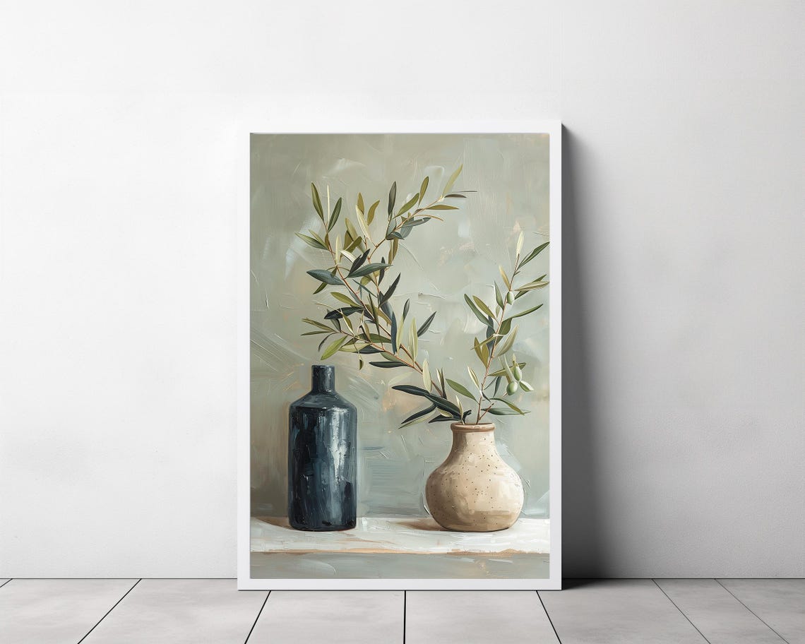 Tall Olive Branches in Two Ceramic Vessels Still Life Poster - Image 3
