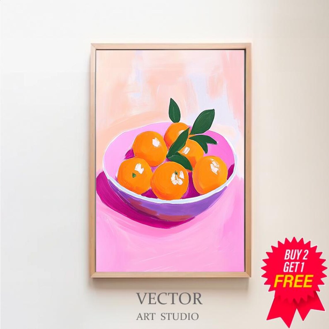 Colorful Oranges Painting Kitchen Food Art Print Summer Citrus Pastel Fruit Wall Decor Pink Dining Room