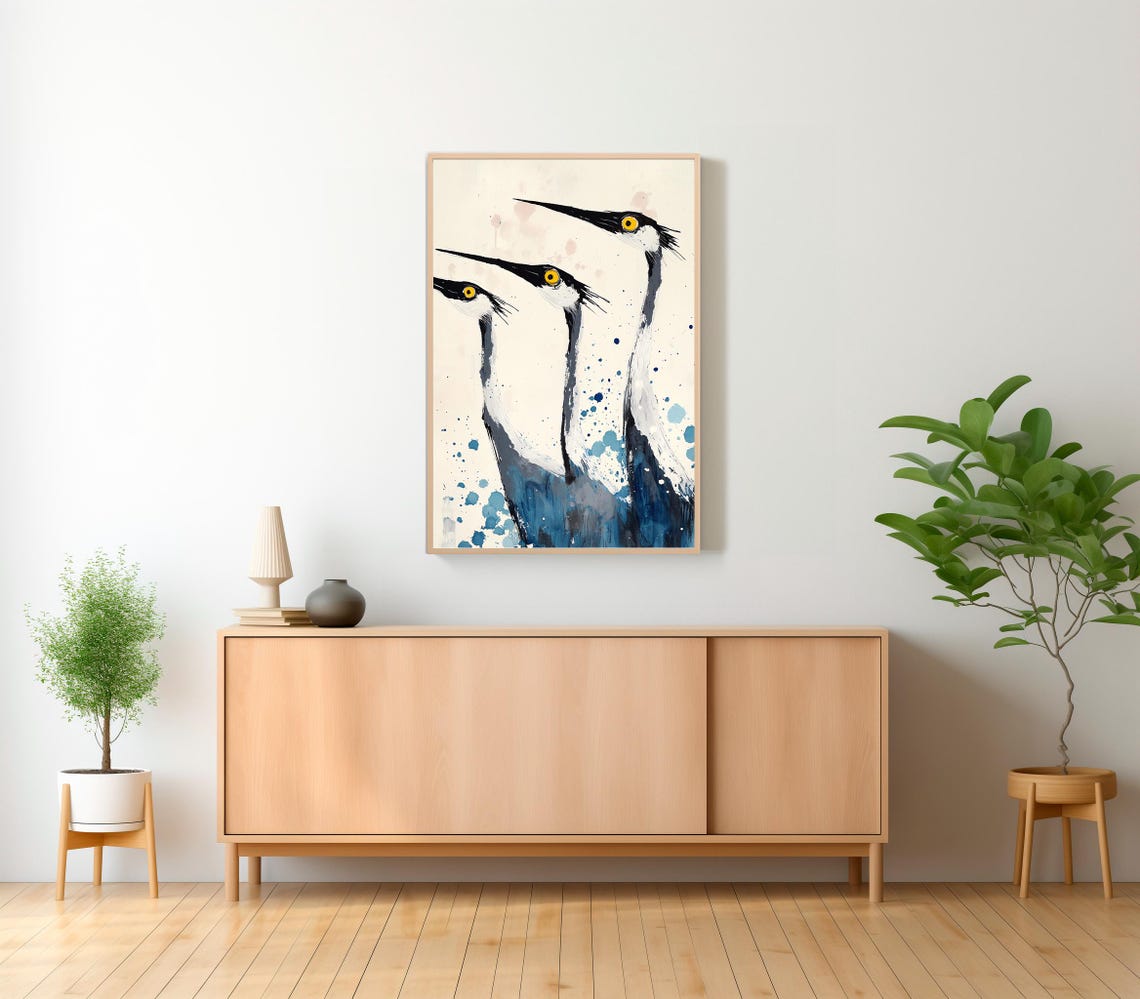 Three Elegant Long-Necked Birds in Blue Watercolor Painting Poster - Image 2