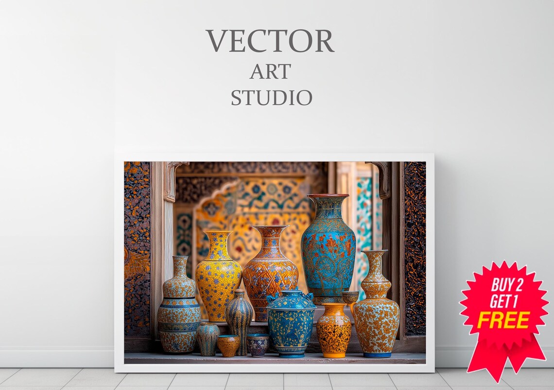 Moroccan Mosaic Vase Collection Blue Gold Still Life Art Poster - Image 3