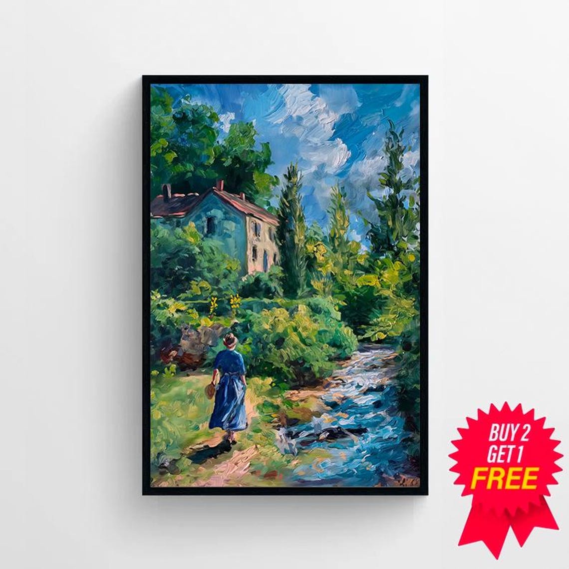 Spring Country Oil Painting Vintage Stream Landscape Print Rustic Farmhouse Cottage Print Art Art - Image 4