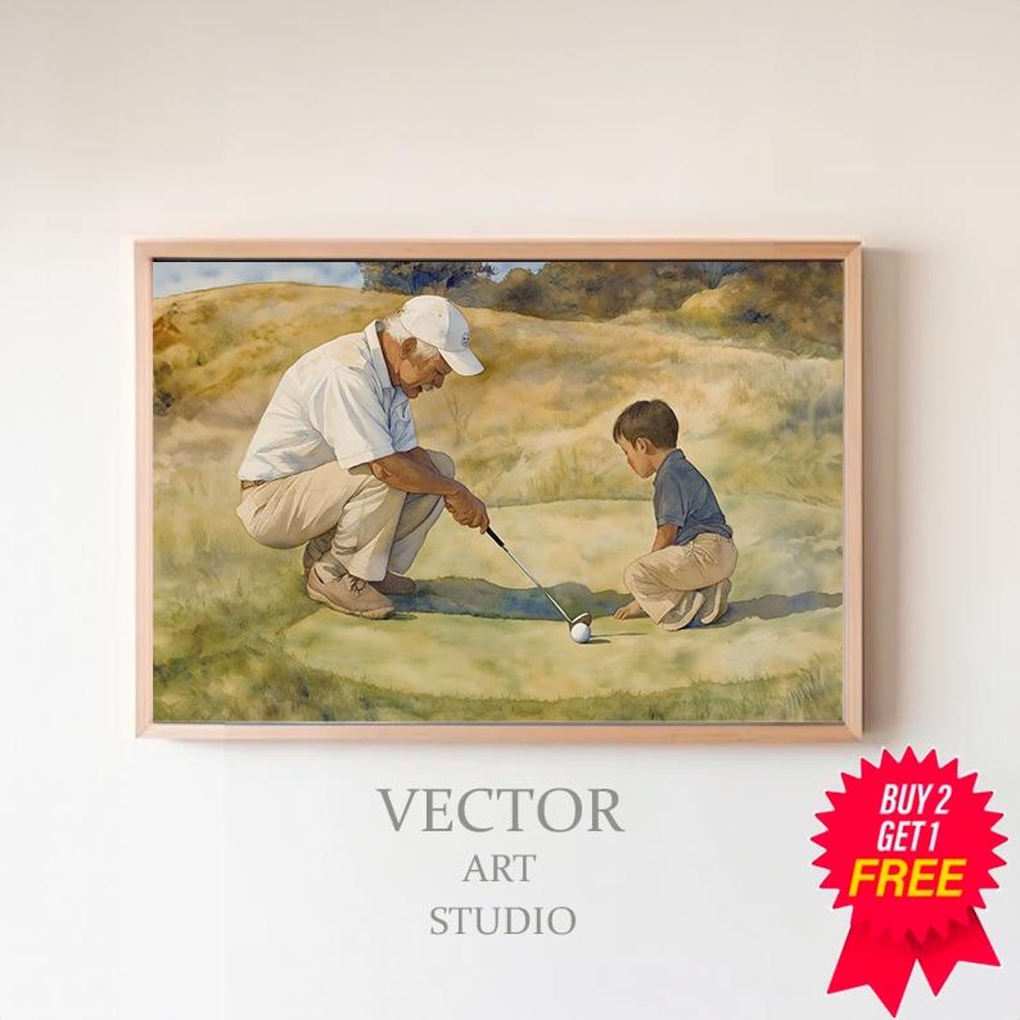 Grandfather Teaching Grandson to Putt Heartwarming Golf Scene Poster
