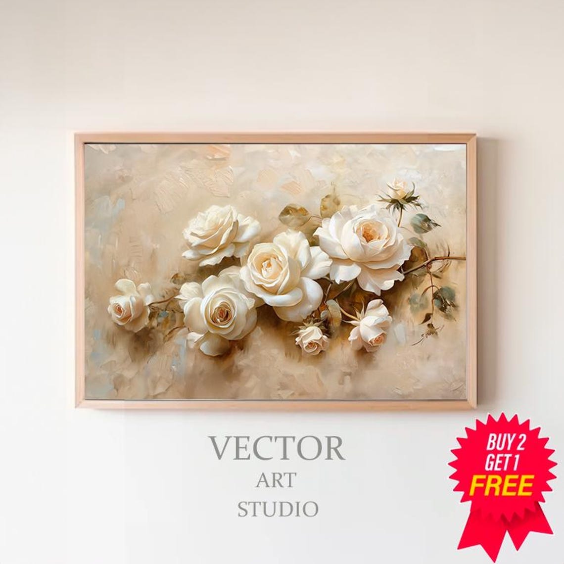 Dreamy White Roses With Buds Soft Neutral Vintage Floral Wall Art