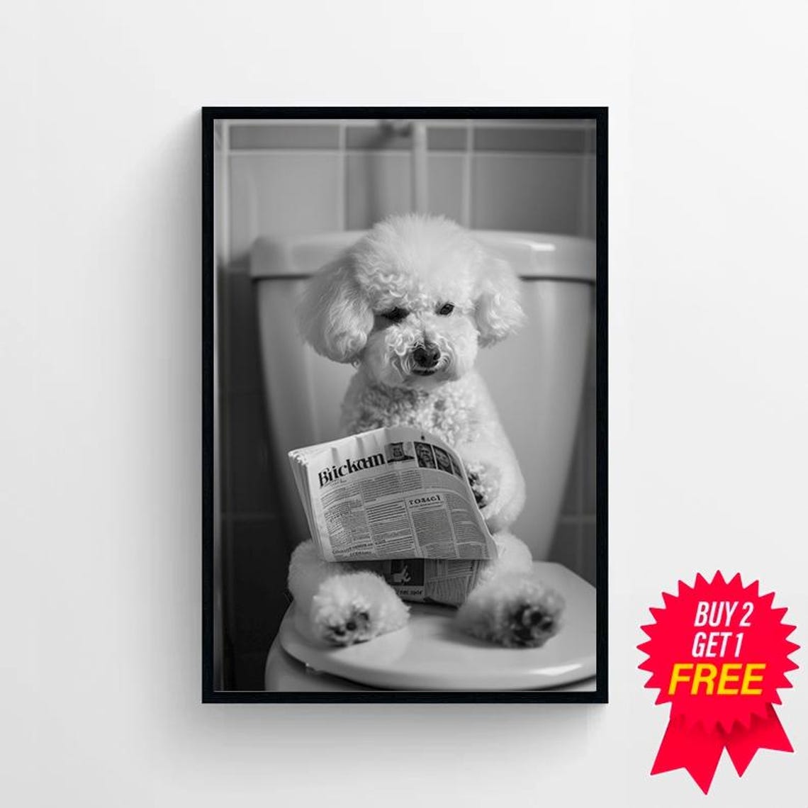 Funny White Dog Reading a Newspaper While on the Toilet Poster - Image 4