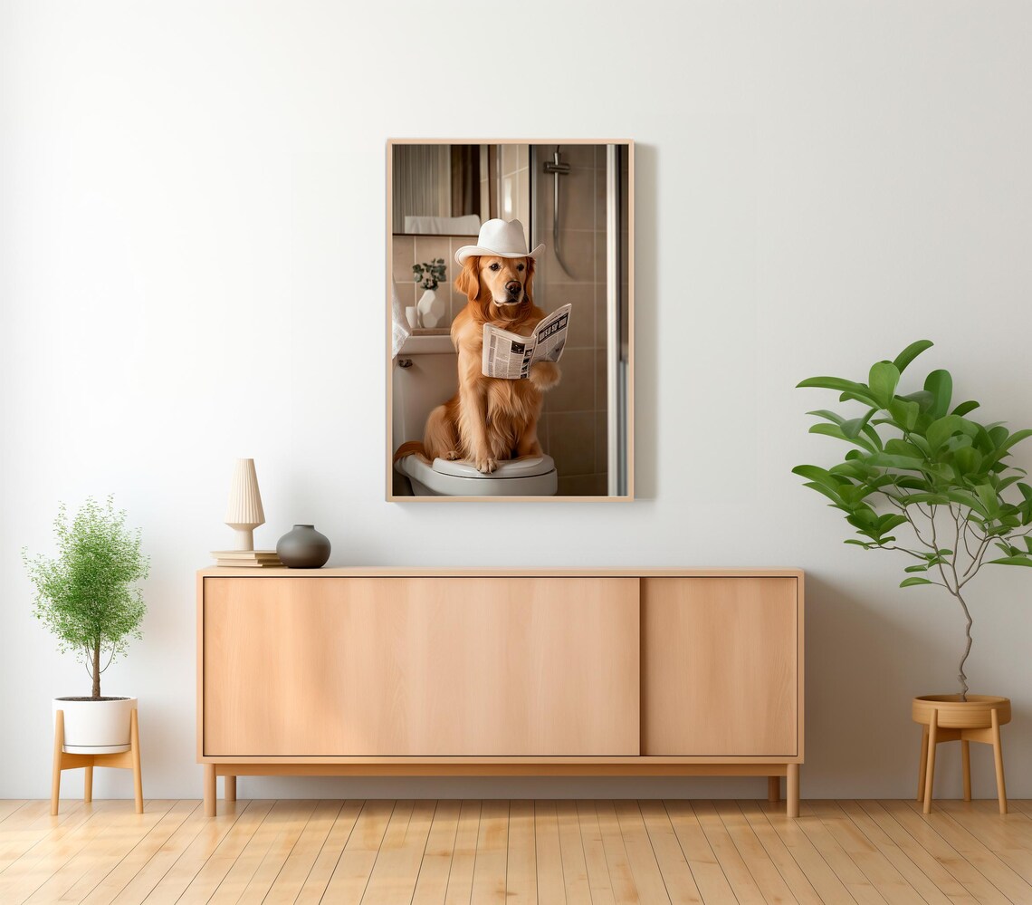Golden Retriever In White Cowboy Hat Reading Newspaper Poster - Image 2