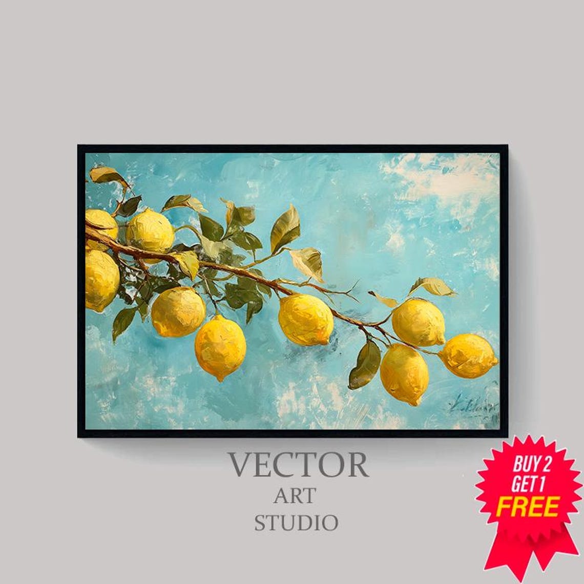 Vintage Mediterranean Lemon Branch on a Turquoise Background Poster - Image 4