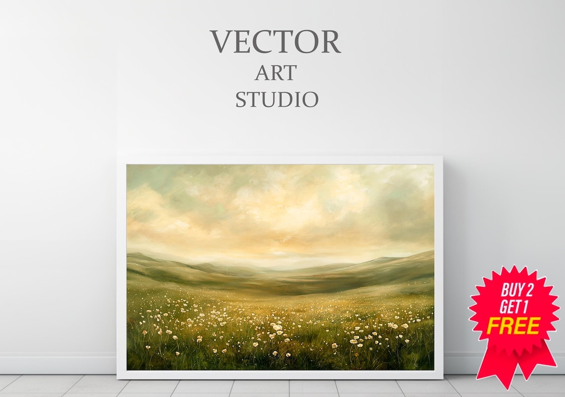Golden Hour Wildflower Meadow with Rolling Hills Oil Painting Poster - Image 3