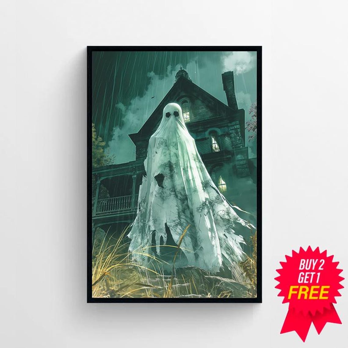 Tall Ghost Before Old Mansion In Stormy Night Spooky Art Poster - Image 4