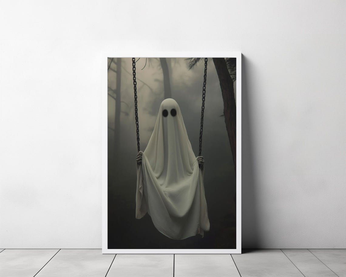 Sheet Ghost Holding Swing Chains in Foggy Gray Forest Poster - Image 3
