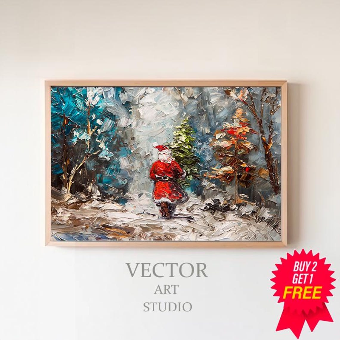Santa Claus Carrying A Christmas Tree Through Snowy Woods Poster