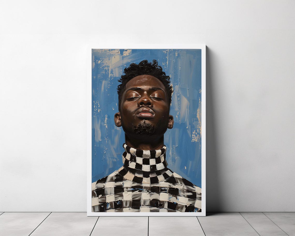 Portrait of a Man in a Checkered Turtleneck on Blue Backdrop Poster - Image 3