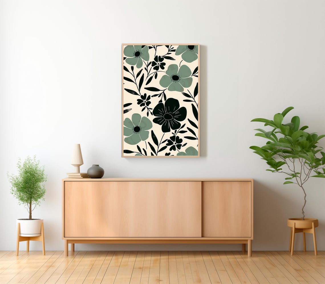 Sage Green and Black Anemone Flowers on Cream Botanical Pattern Print - Image 2