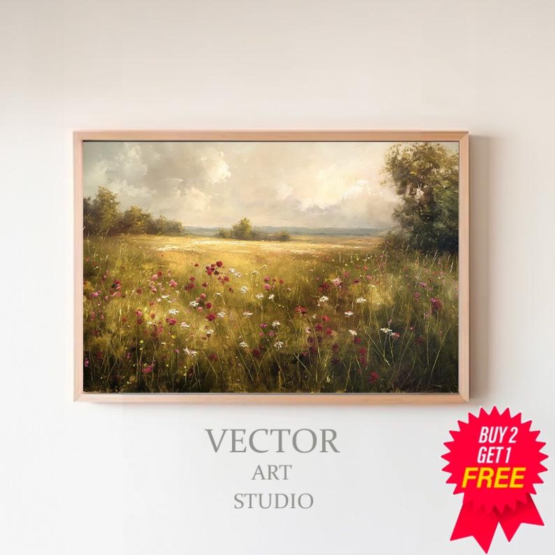 Pink Wildflower Meadow in Golden Light Vintage Spring Landscape Poster