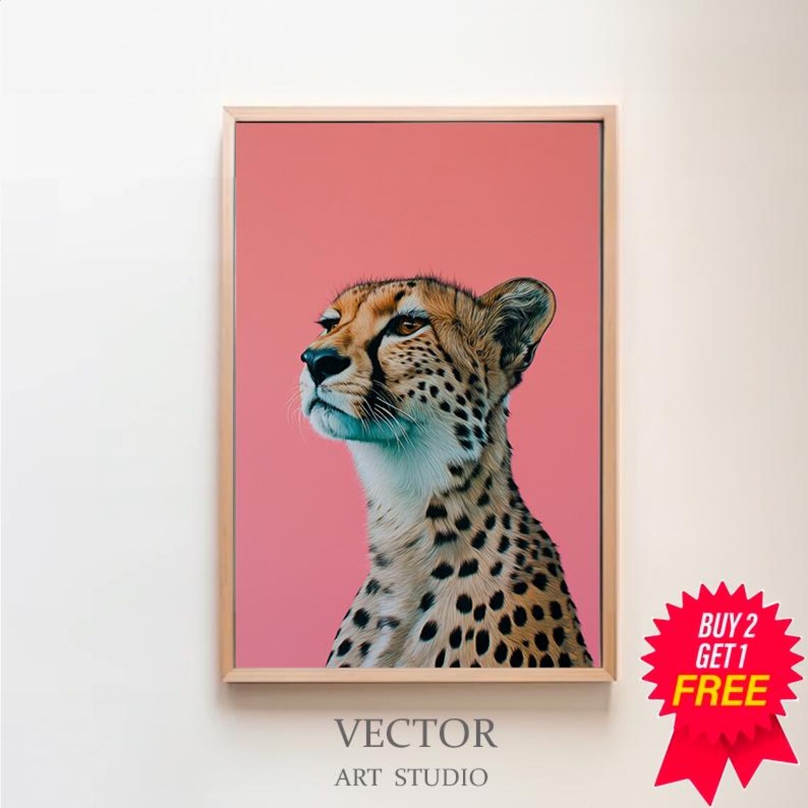 Cheetah Portrait on Pink Background Bold Modern Animal Poster