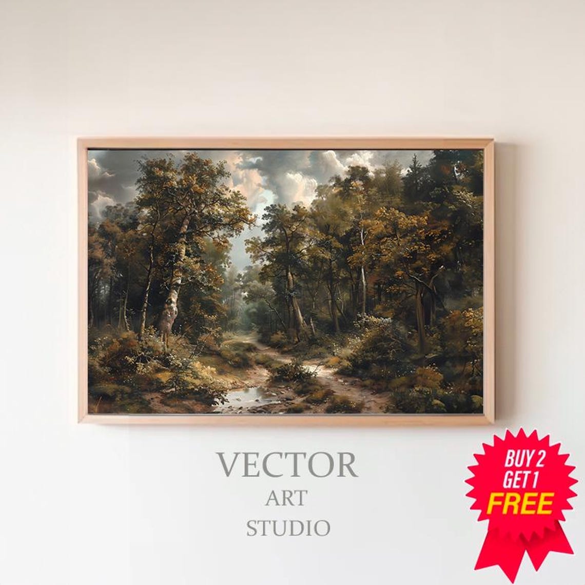 Classic Vintage Forest Path with a Sunlit Stream Oil Painting Poster