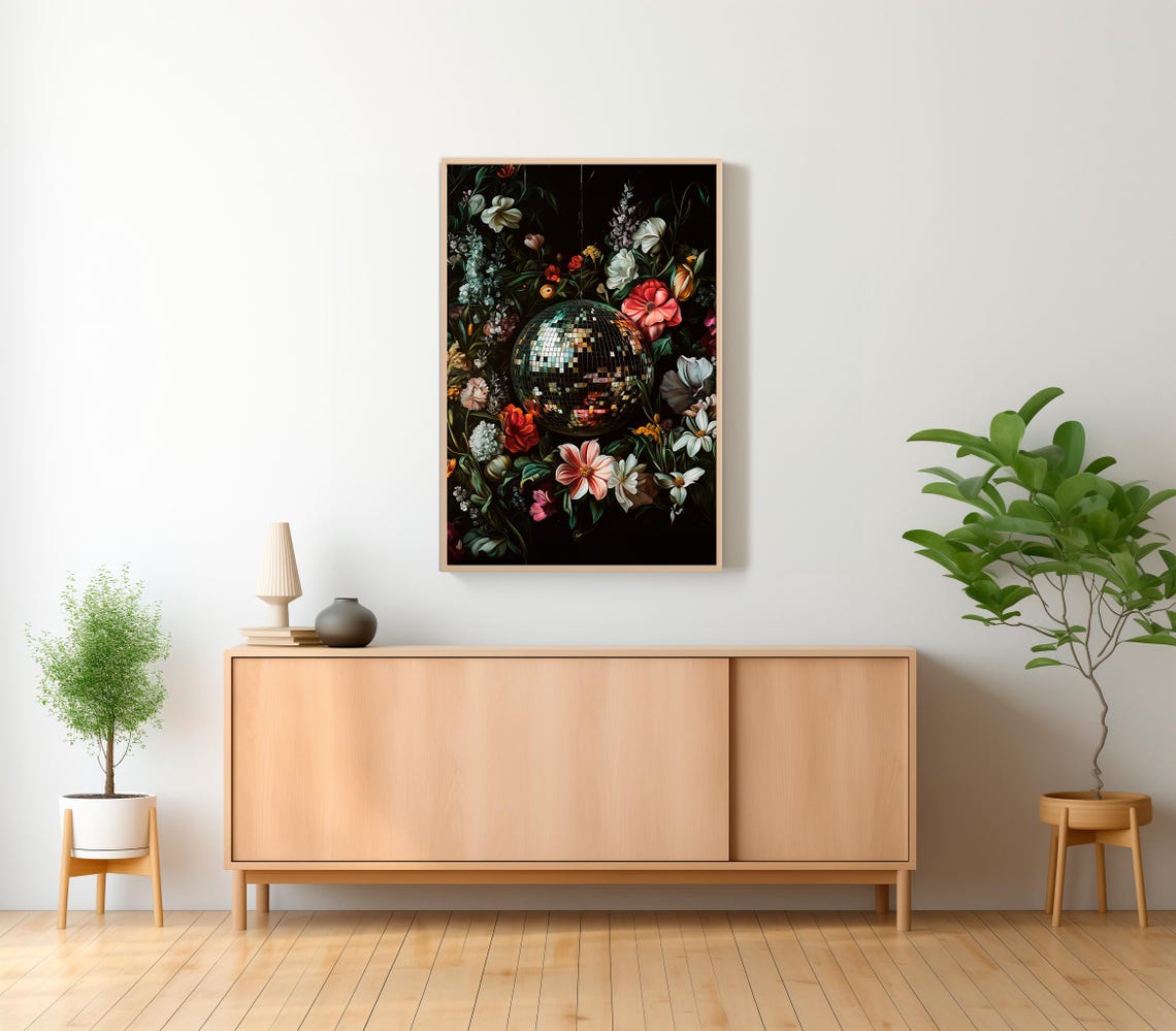 Vivid Wall Art Disco Ball Maximalist Painting Bold Eclectic Botanical Print Green Trendy Kitsch Poster Colorful Dopamine Decor - Image 2