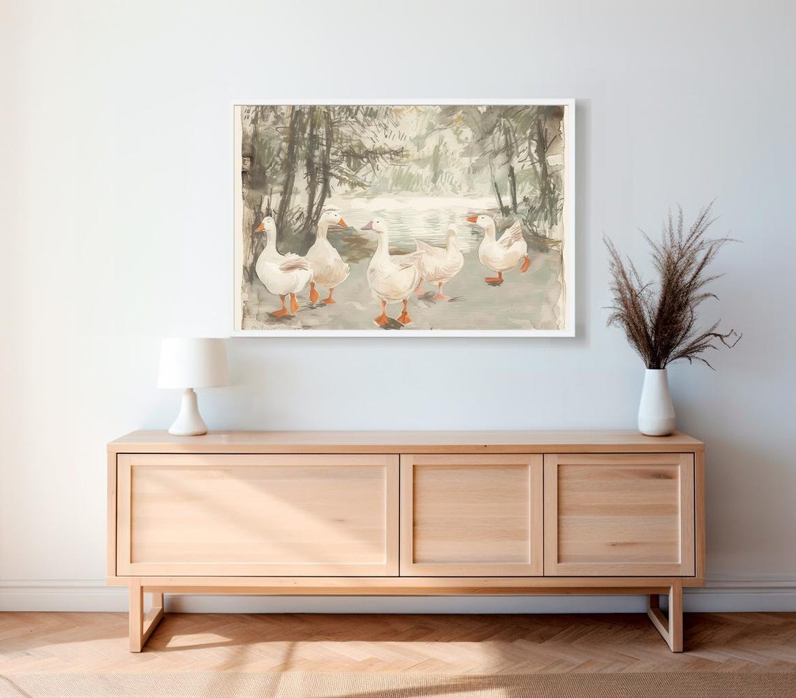 Five White Geese Walking Through Watercolor Farmhouse Poster - Image 2