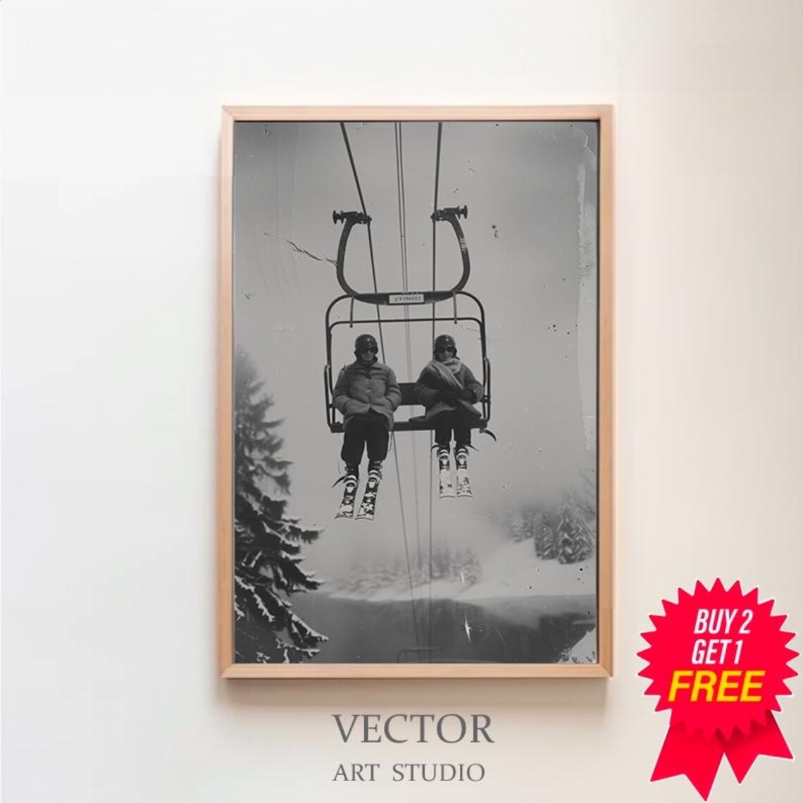 Vintage Ski Chairlift Photo of Two Skiers Over Snowy Slopes Poster