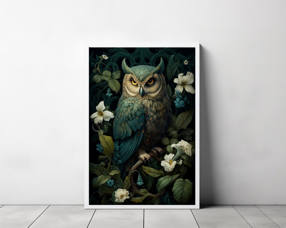 Great Horned Owl Among White Blossoms in a Dark Forest Art Poster - Image 3