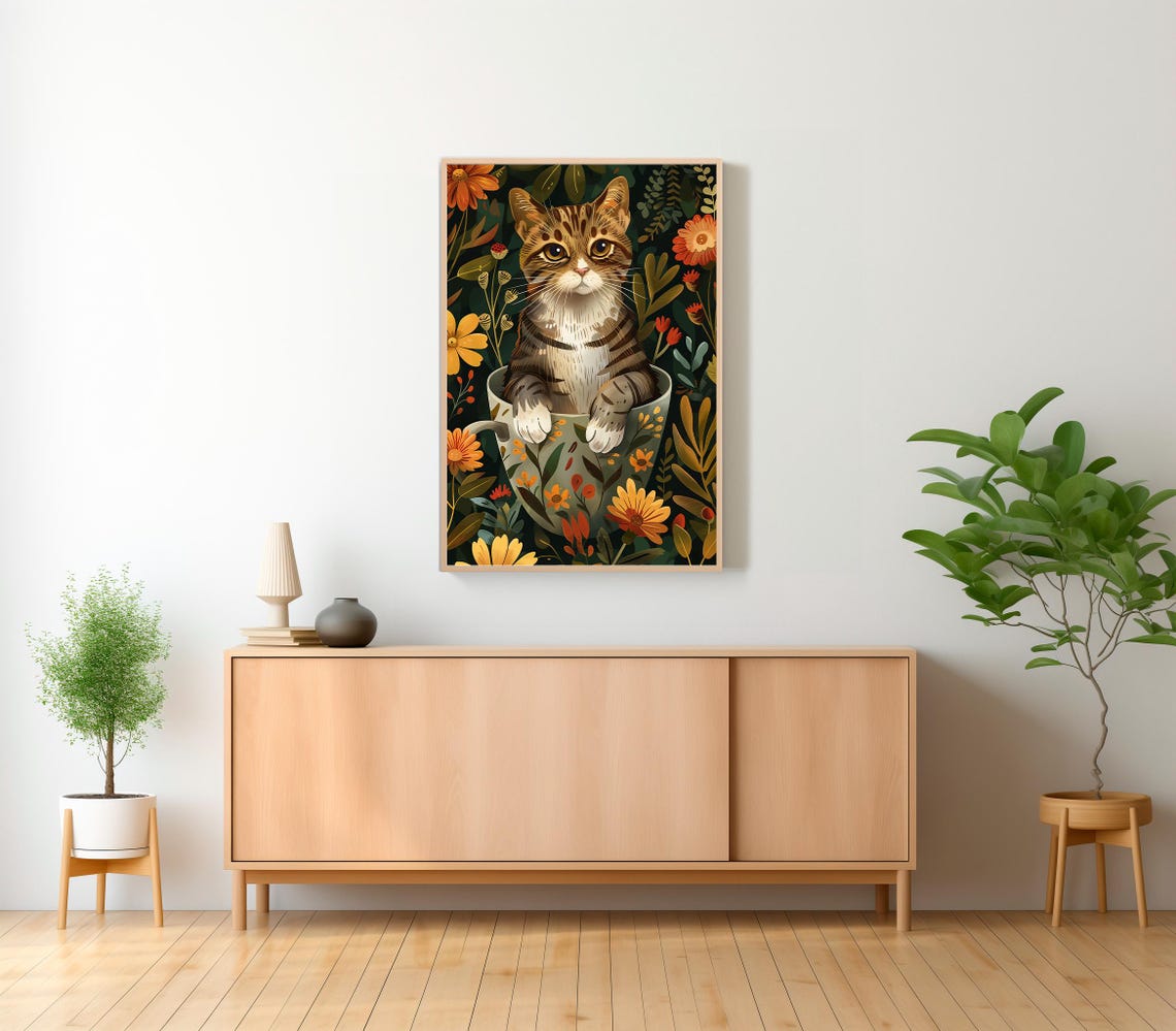 Cute Tabby Kitten Sitting Inside a Floral Teacup Jungle Poster - Image 2