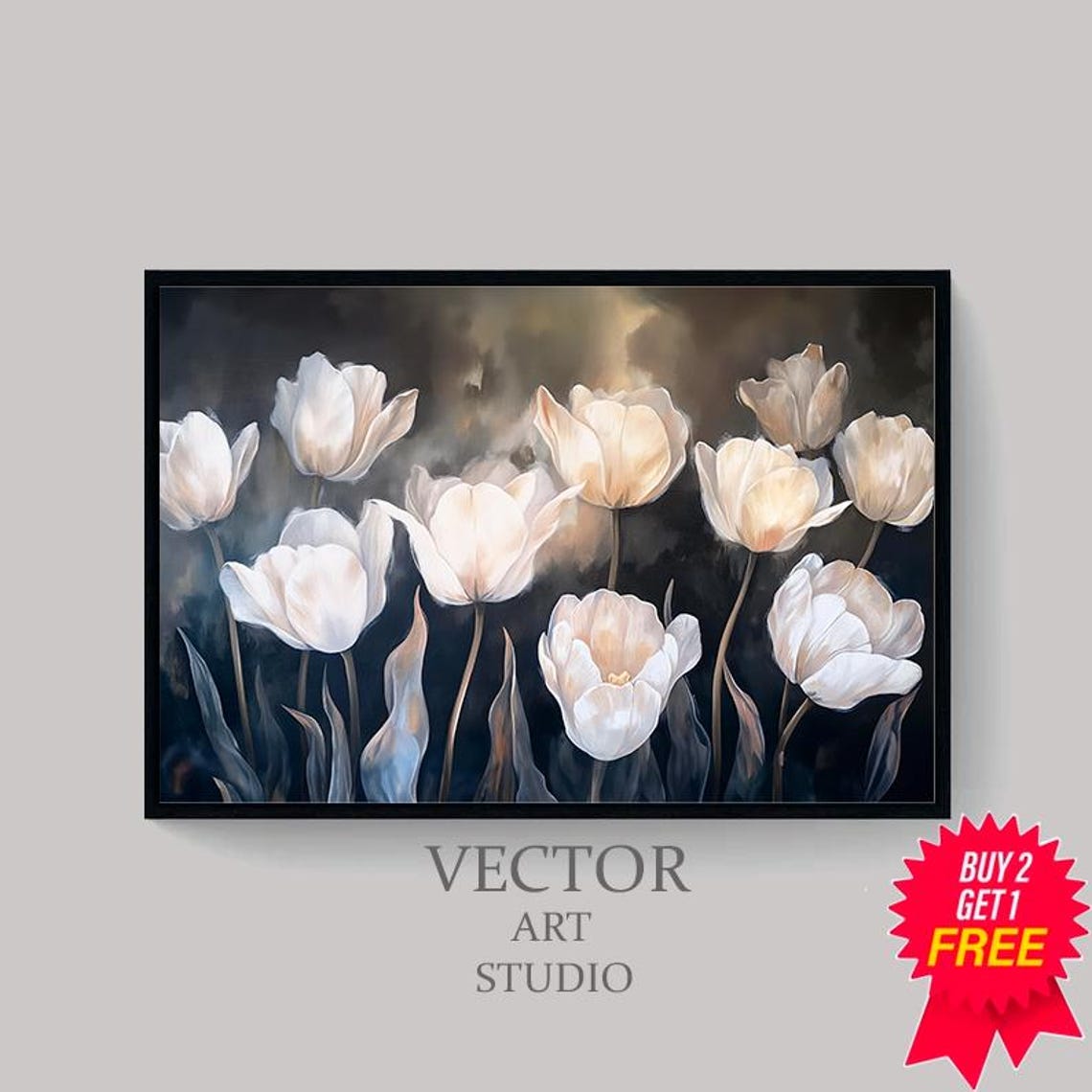 Luminous White Tulips Glowing Against Dark Smoky Background Poster - Image 4