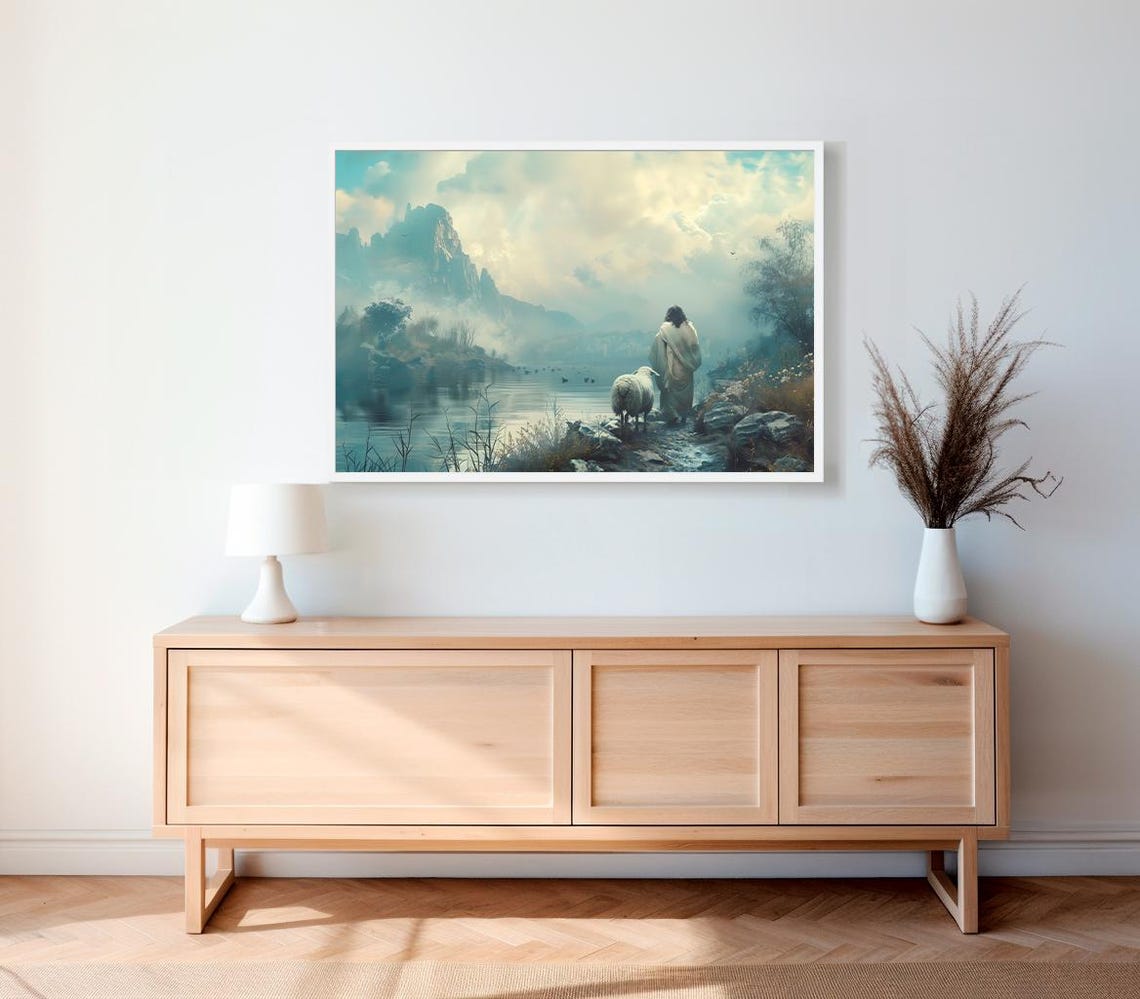 Jesus Walking with a Sheep Along a Misty Lakeside Path Poster - Image 2