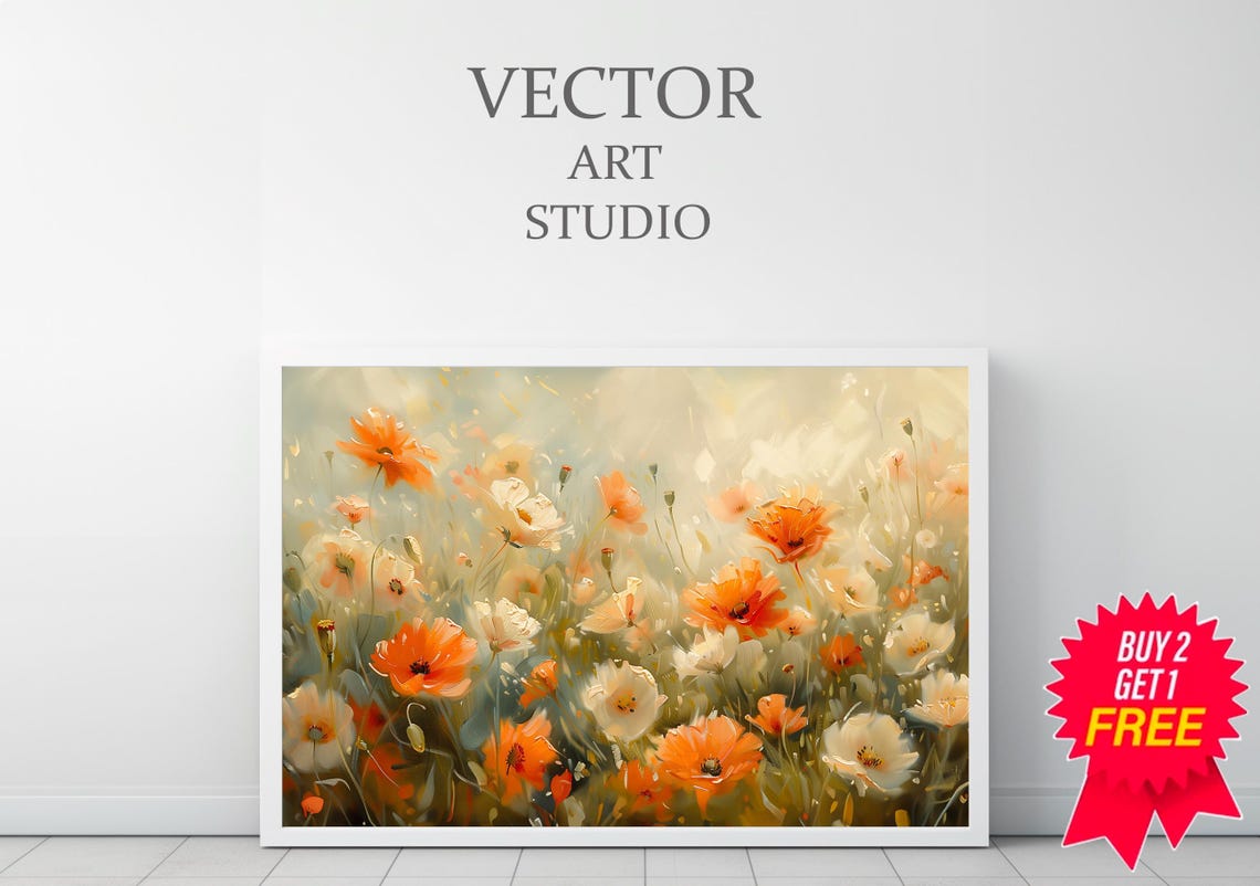 Orange Wildflowers Meadow Watercolor Bright Spring Floral Poster - Image 3