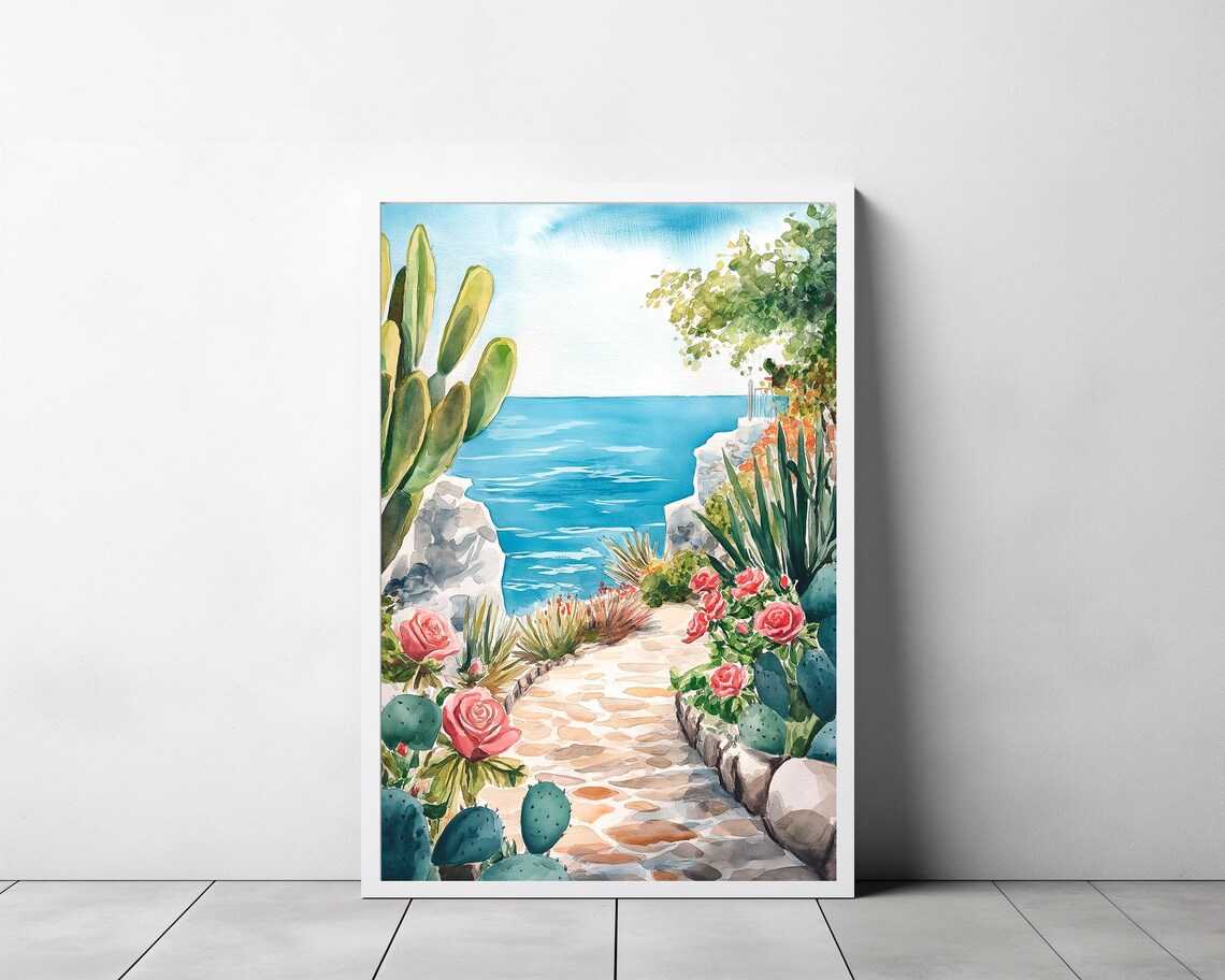 Cactus Lined Stone Garden Path to the Sea Mediterranean Poster - Image 3
