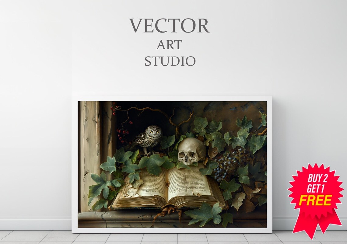 Owl Sitting on an Open Book with a Skull Gothic Vanitas Still Life Poster - Image 3