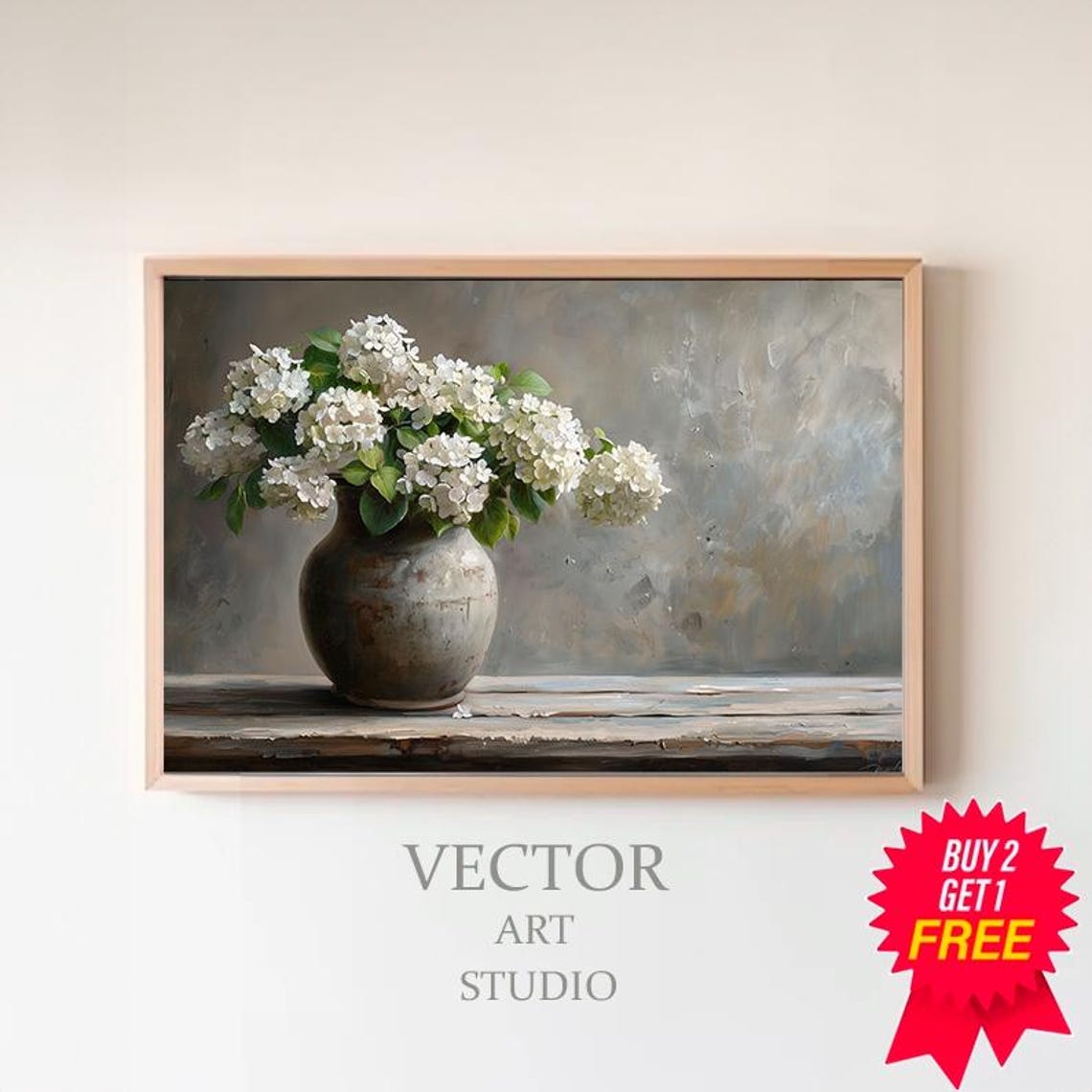 White Hydrangeas in a Rustic Vase on a Wooden Ledge Floral Art Poster