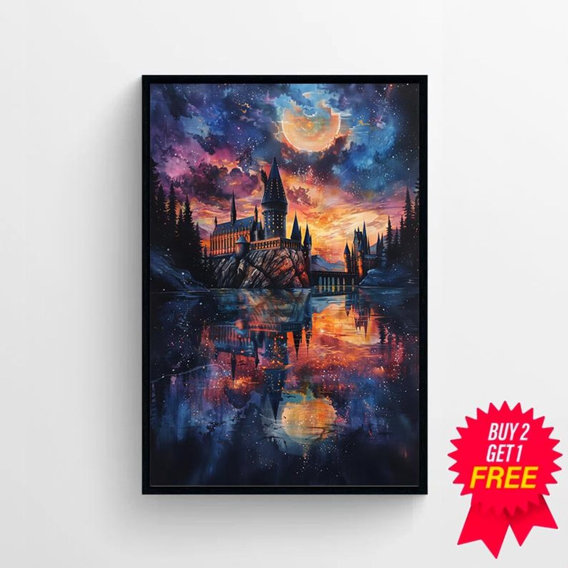 Wizard Castle at Twilight Under Crescent Moon Dreamy Fantasy Art Print - Image 4