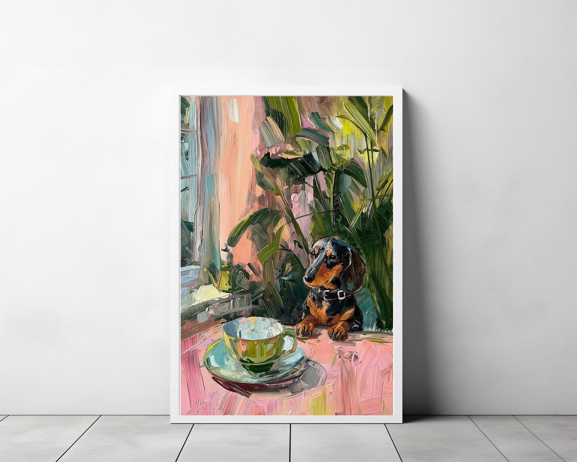 Vintage Dachshund with Teacups, Kitchen Decor Art Print - Image 3