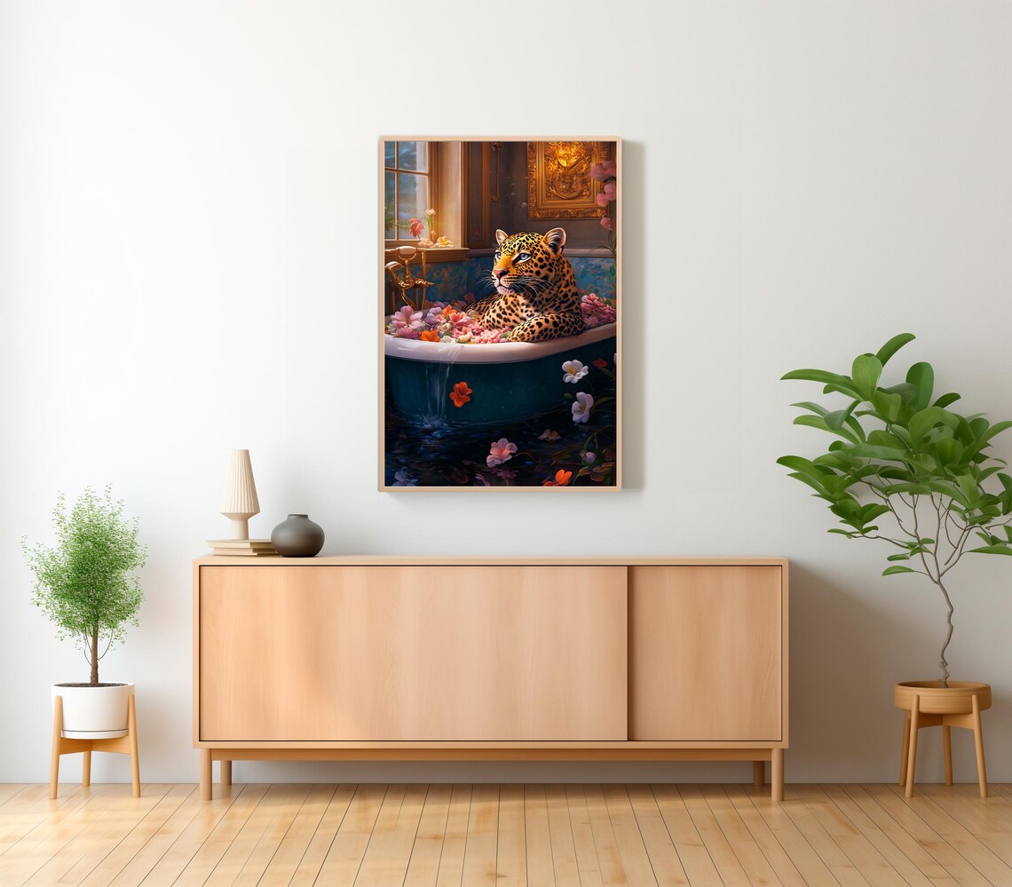 Leopard Lounging in a Flower-Filled Teal Bathtub Maximalist Animal Poster - Image 2
