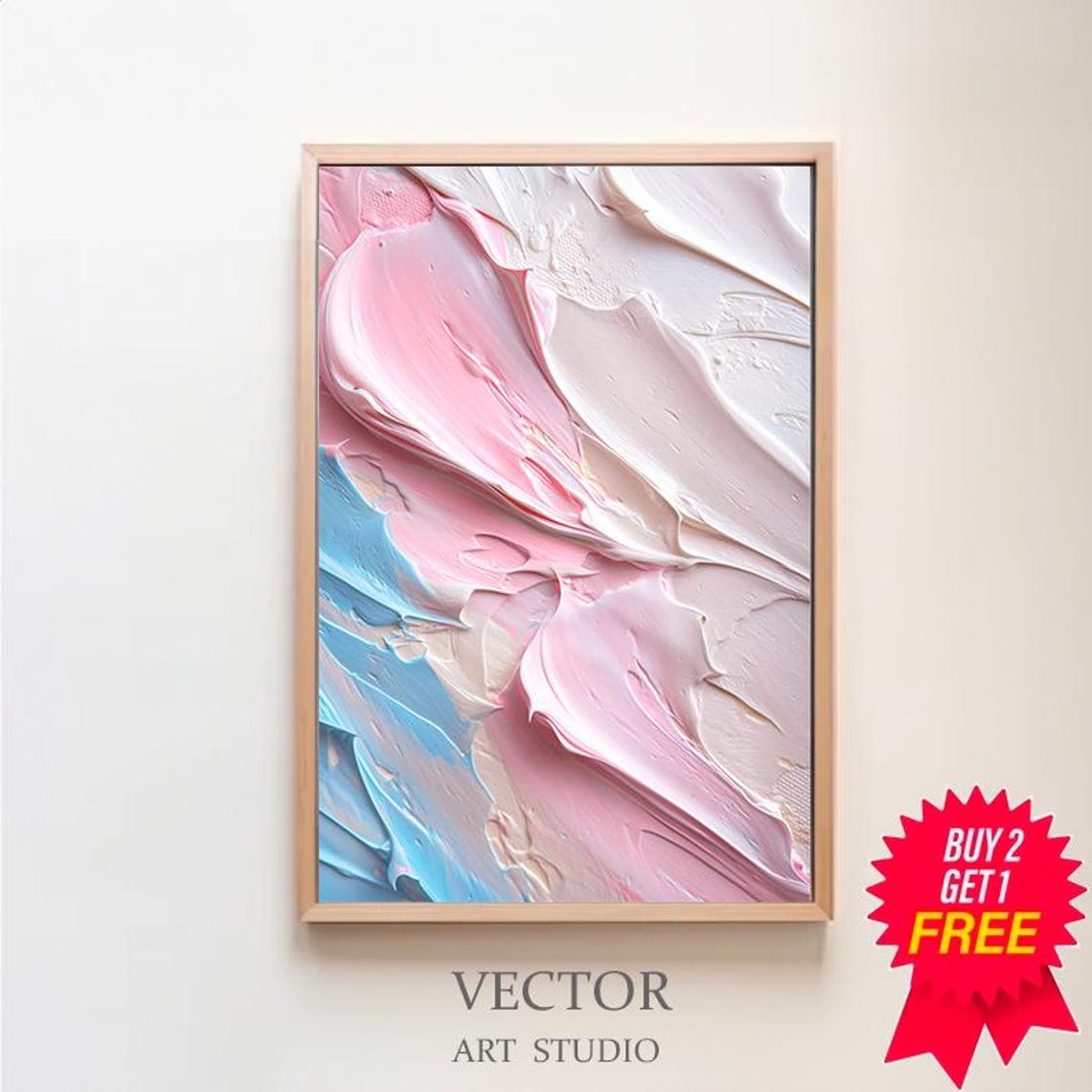 Soft Pastel Pink and Blue Abstract Impasto Textured Wall Art