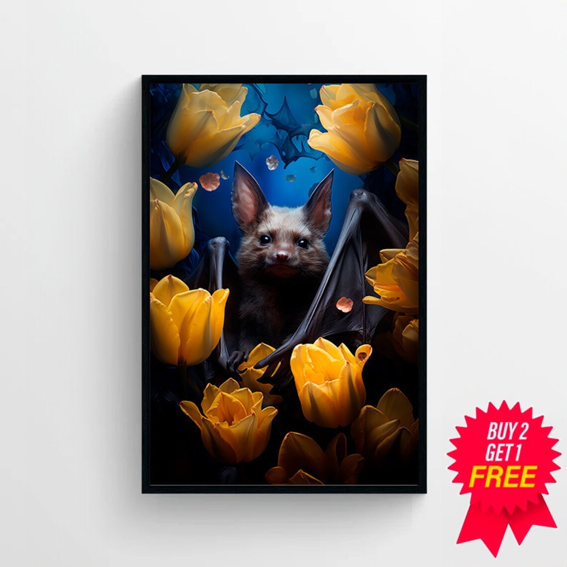 Cute Fruit Bat Among Bright Yellow Tulips Whimsical Animal Art Poster - Image 4