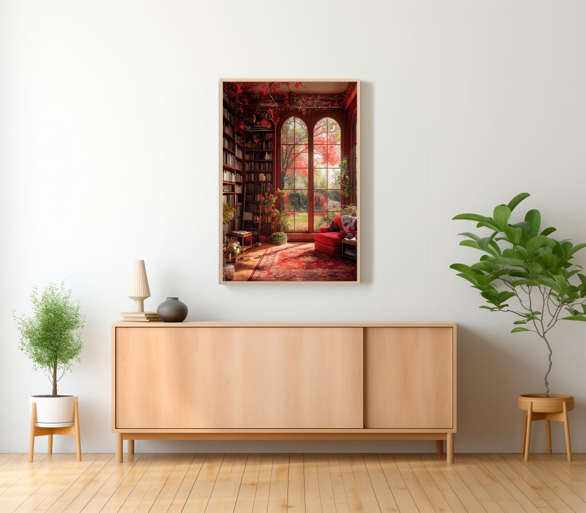 Romantic Crimson Rose-Filled Red Library Garden Windows Poster - Image 2