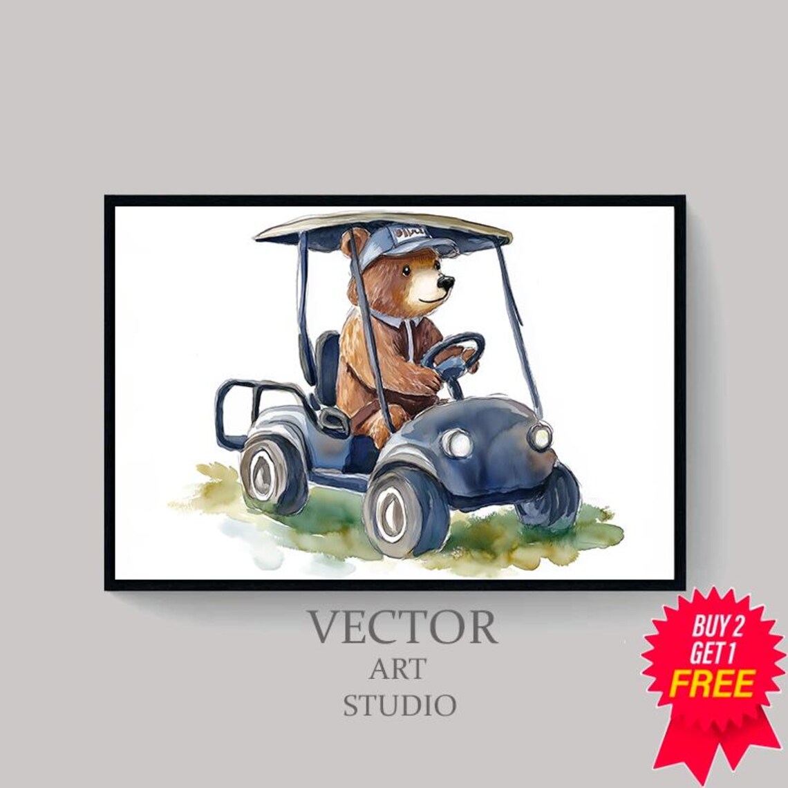 Cute Bear Driving A Blue Golf Cart In Watercolor Nursery Wall Decor Print - Image 4