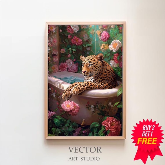 Leopard Relaxing in a Floral Bathtub Maximalist Bathroom Art Poster