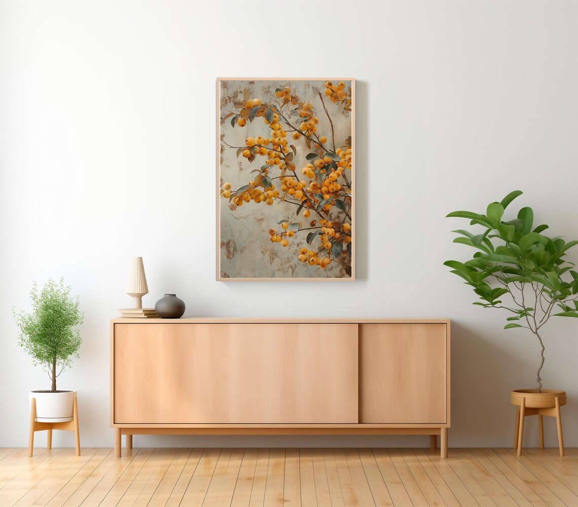 Golden Berry Branches Vintage Still Life on Aged Plaster Poster - Image 2