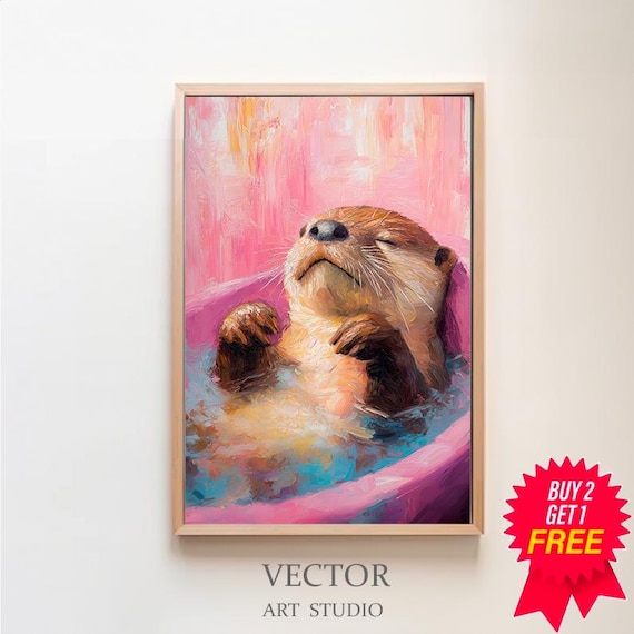 Blissful Otter Enjoying a Bubble Bath in Pink and Blue Art Poster