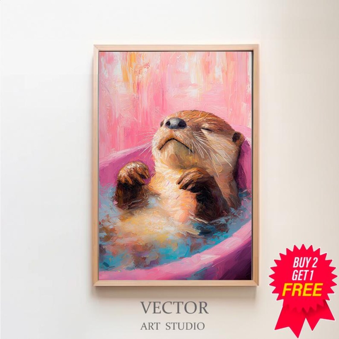 Blissful Otter Enjoying a Bubble Bath in Pink and Blue Art Poster