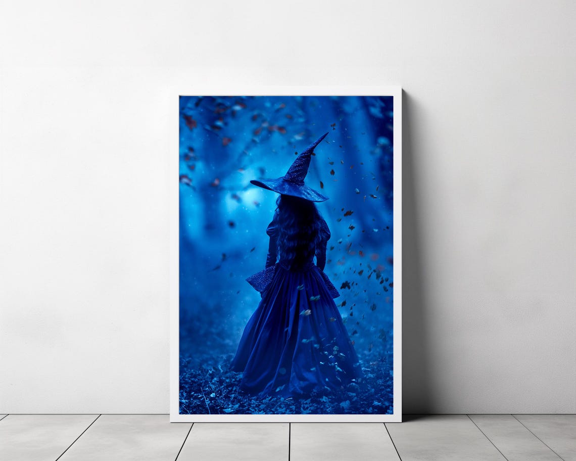 Blue Witch In Falling Leaves Inside Enchanted Night Forest Poster - Image 3