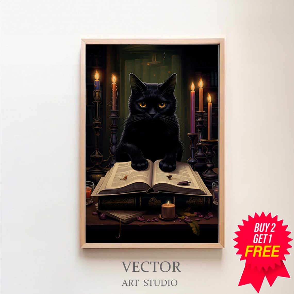 Black Cat Reading an Open Book by Candlelight in Library Poster