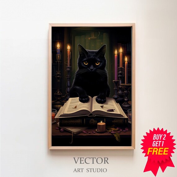 Black Cat Reading an Open Book by Candlelight in Library Poster